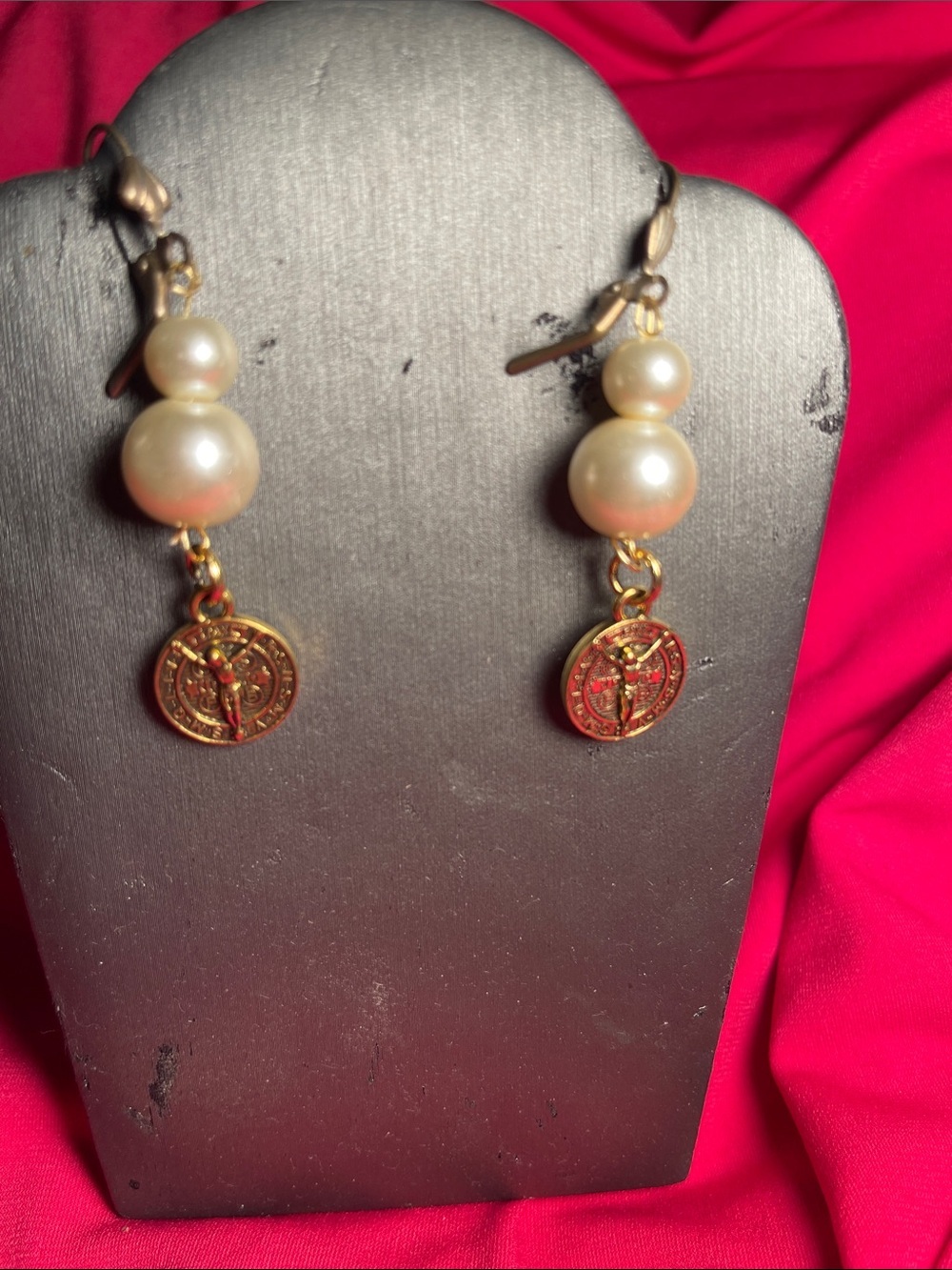 Gold-Tone Pearl Drop Earrings with Medallion Accent